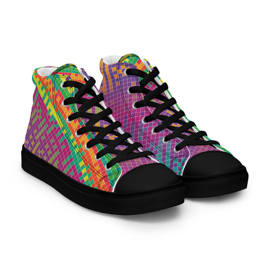 Women’s high-top sneakers with colorful chromatic grid wave pattern, black laces, and black sole