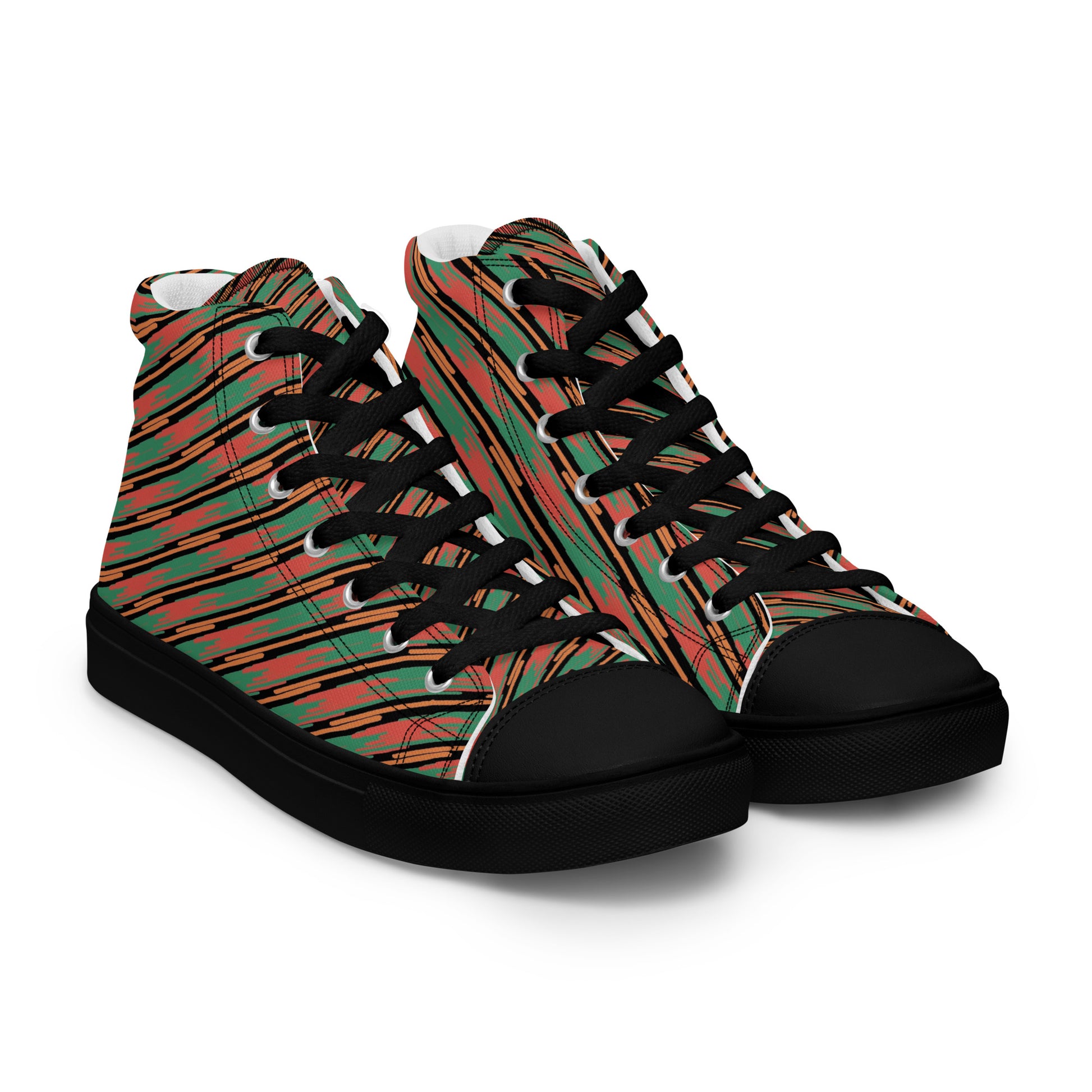 Women’s high-top canvas sneakers with coral and teal flowing stripe pattern, black laces, and black sole