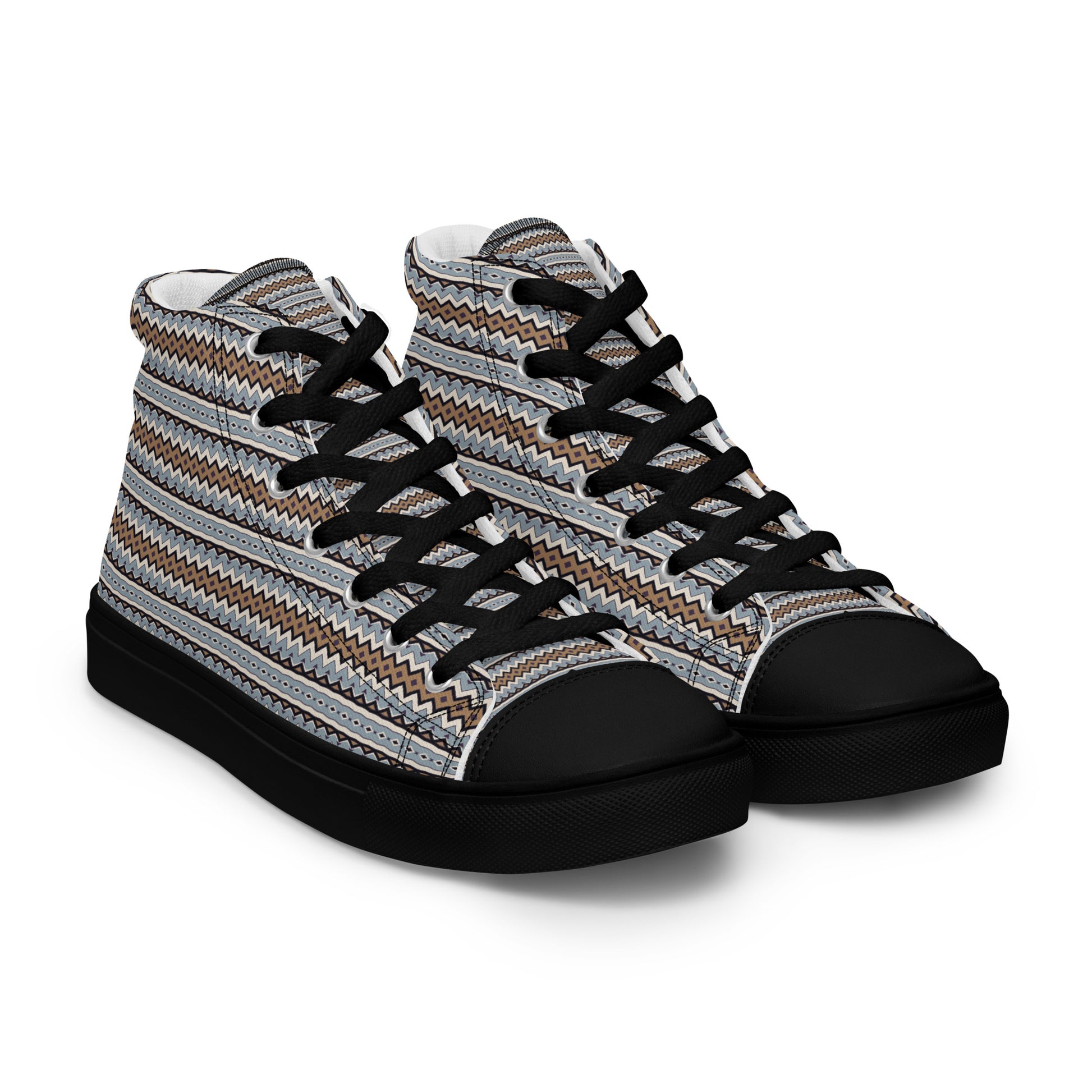 Women’s high-top canvas sneakers with Nordic-inspired zigzag pattern, black laces, and black sole, angled front view