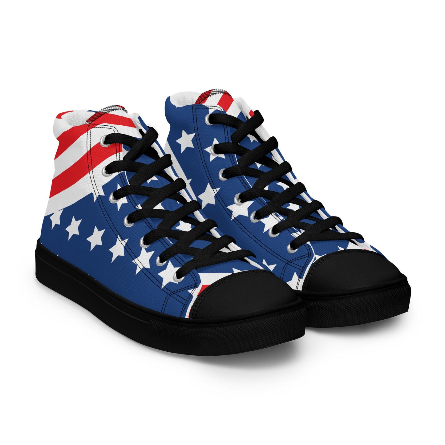Product mocFront angled view of American stars and stripes women's high-top sneakers with blue star panels and black solekup