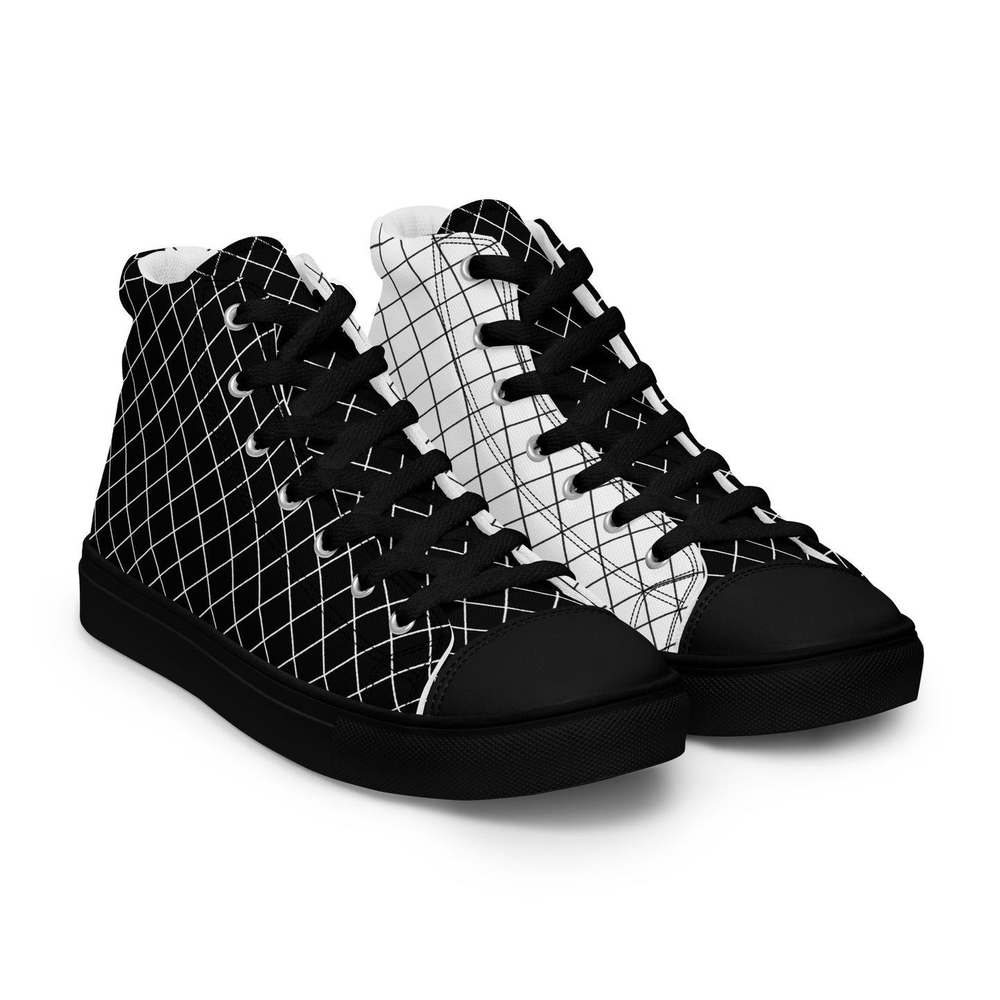 Women's black and white geometric grid high-top sneakers with black laces toe caps and soles