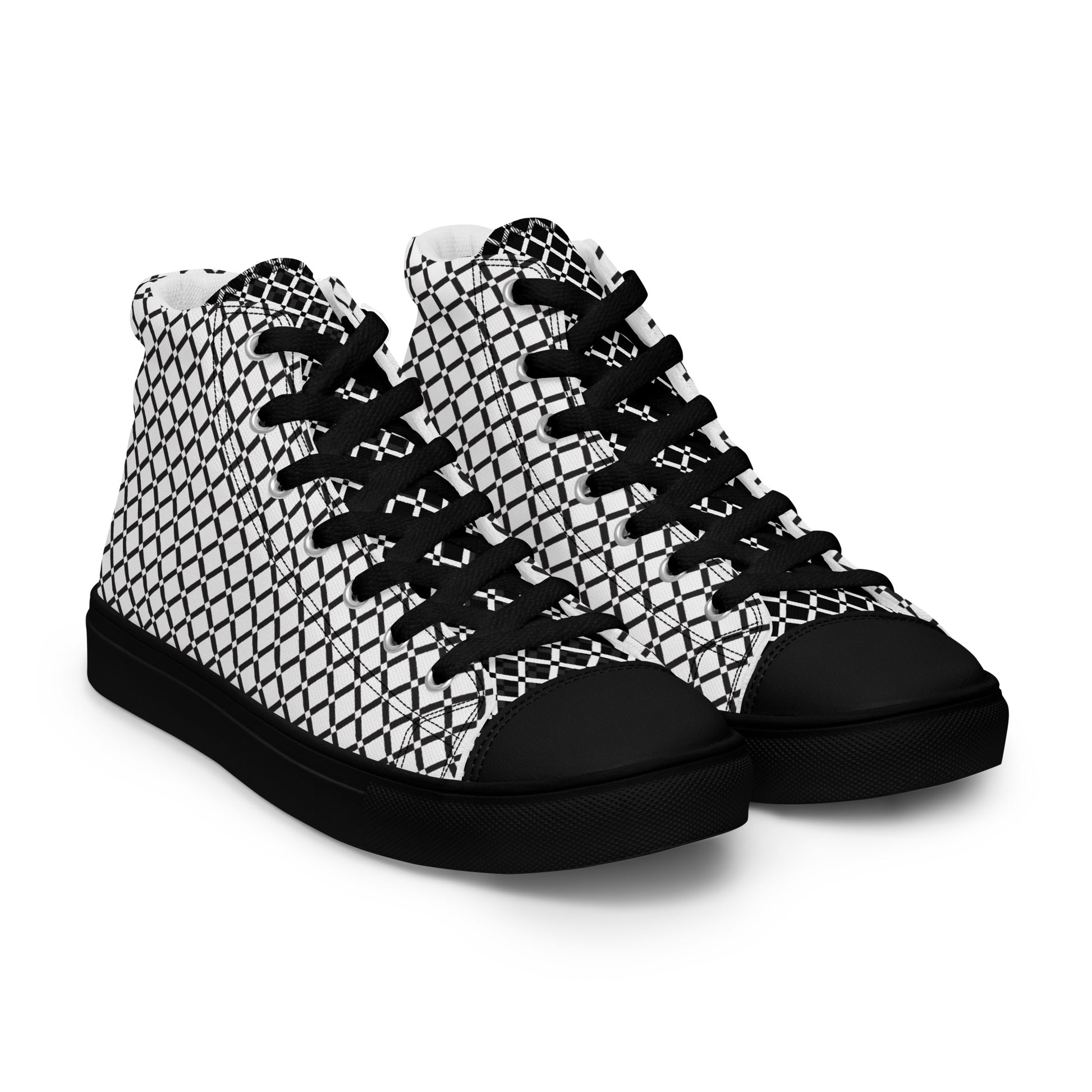 Women's black and white geometric grid high-top sneakers with black laces toe caps and soles