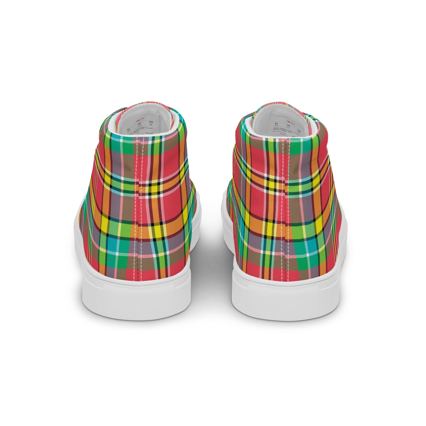 rear view of women’s high-top canvas sneakers with bright plaid pattern in coral yellow green and turquoise