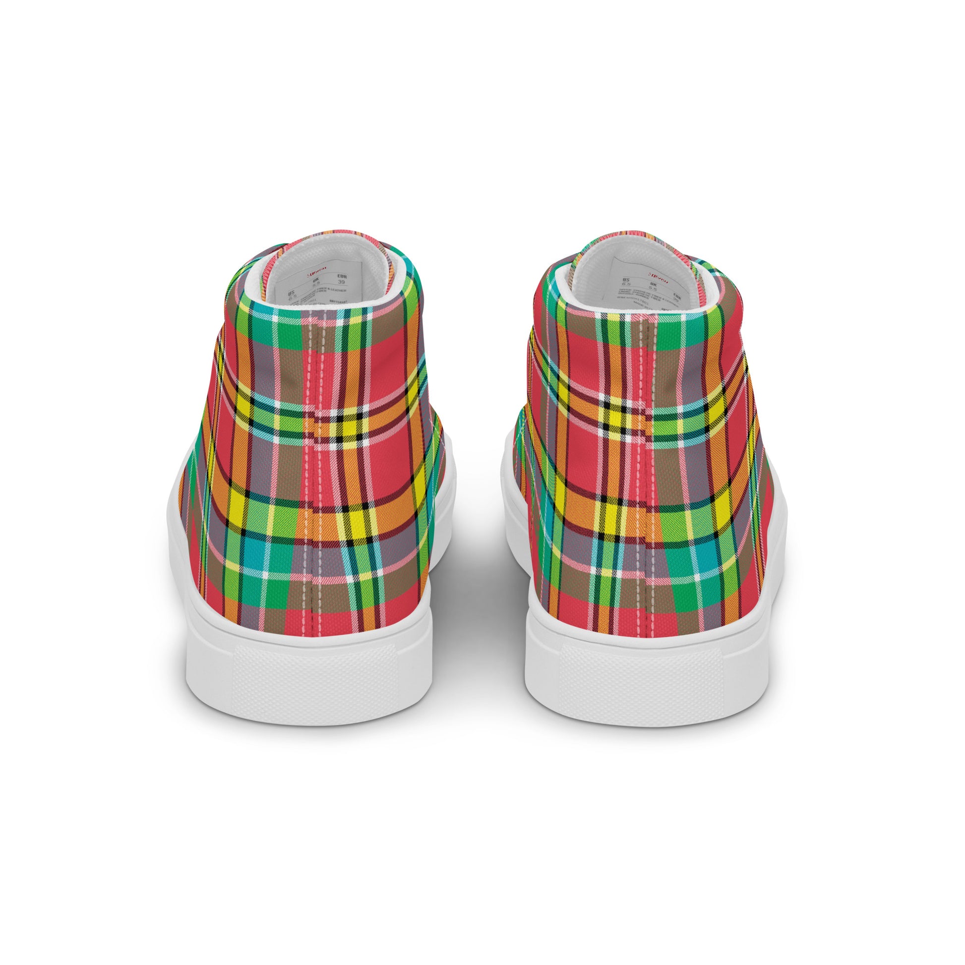 rear view of women’s high-top canvas sneakers with bright plaid pattern in coral yellow green and turquoise