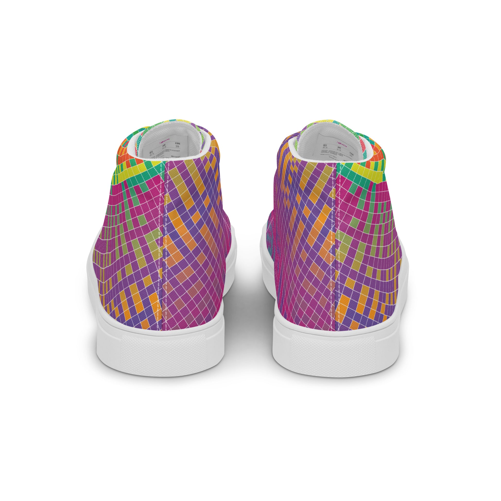 Back view of women’s high-top sneakers with purple, green, orange, and yellow grid pattern on white sole