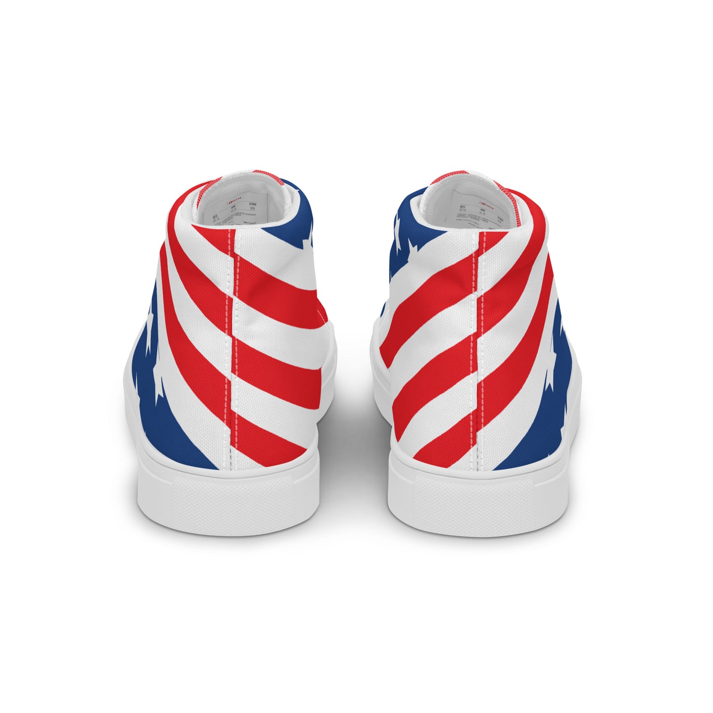 Back view of American stars and stripes women's high-top sneakers with red white striped heels and white sole