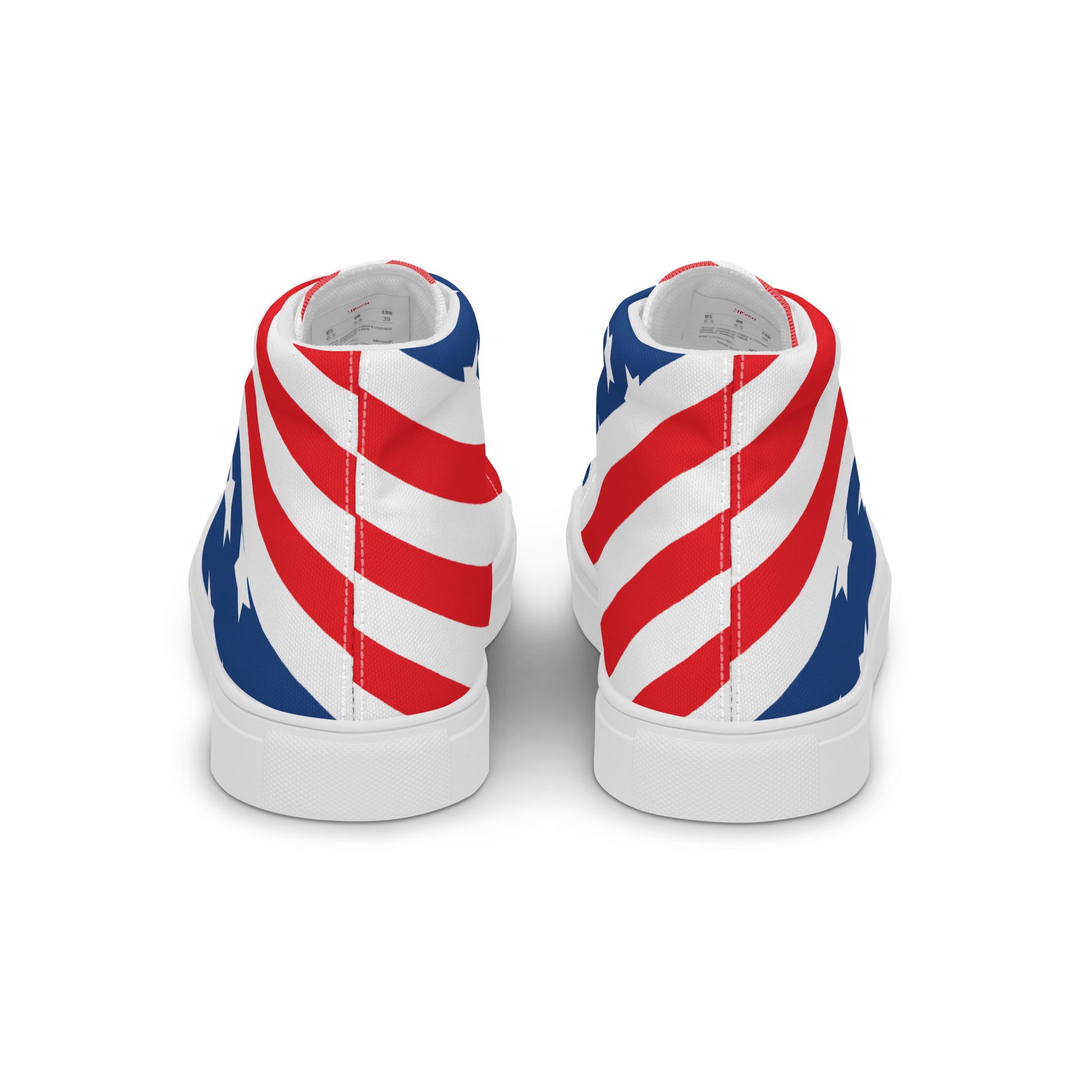 Back view of American stars and stripes women's high-top sneakers with red white striped heels and white sole