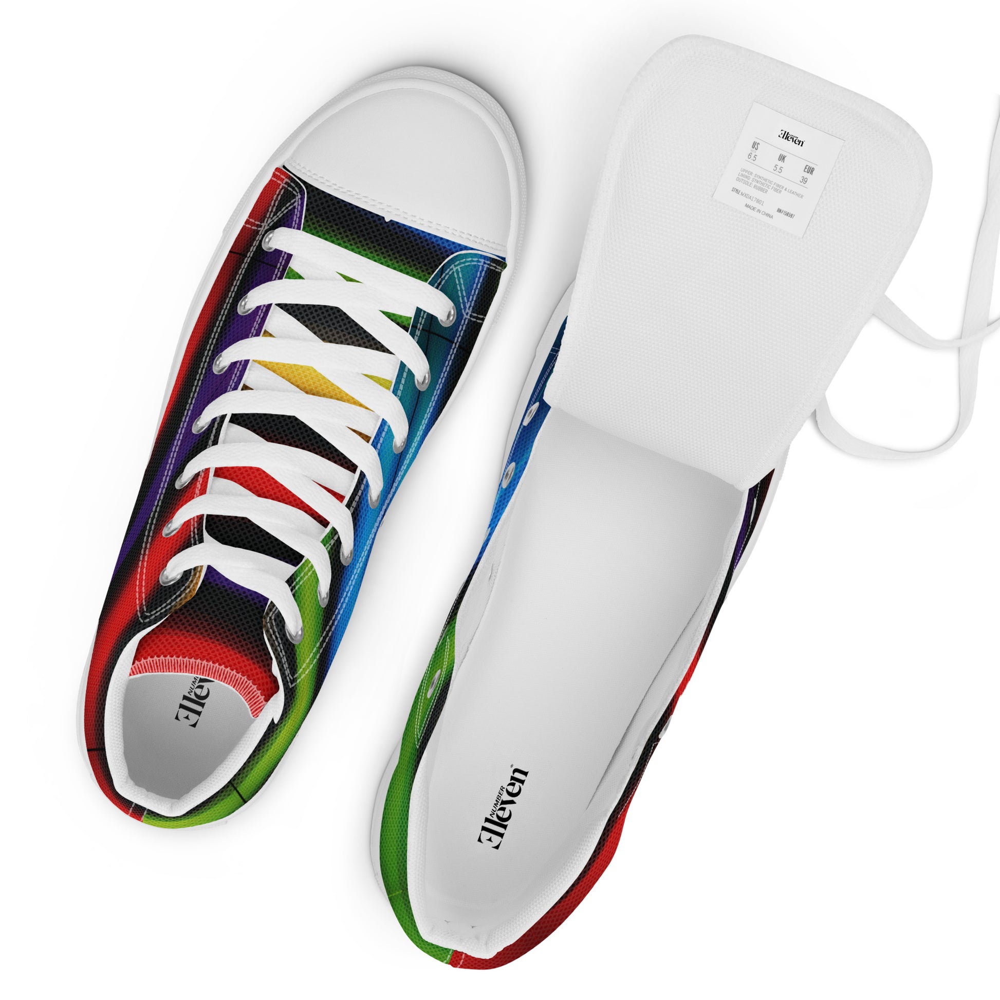 women’s high-top canvas sneakers with white sole and prism color block design top view