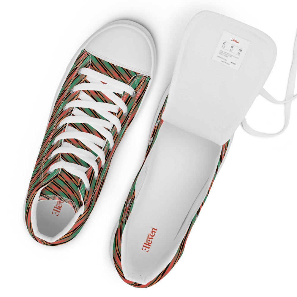 Top view of women’s high-top canvas sneakers with coral and teal abstract stripe pattern and white toe cap