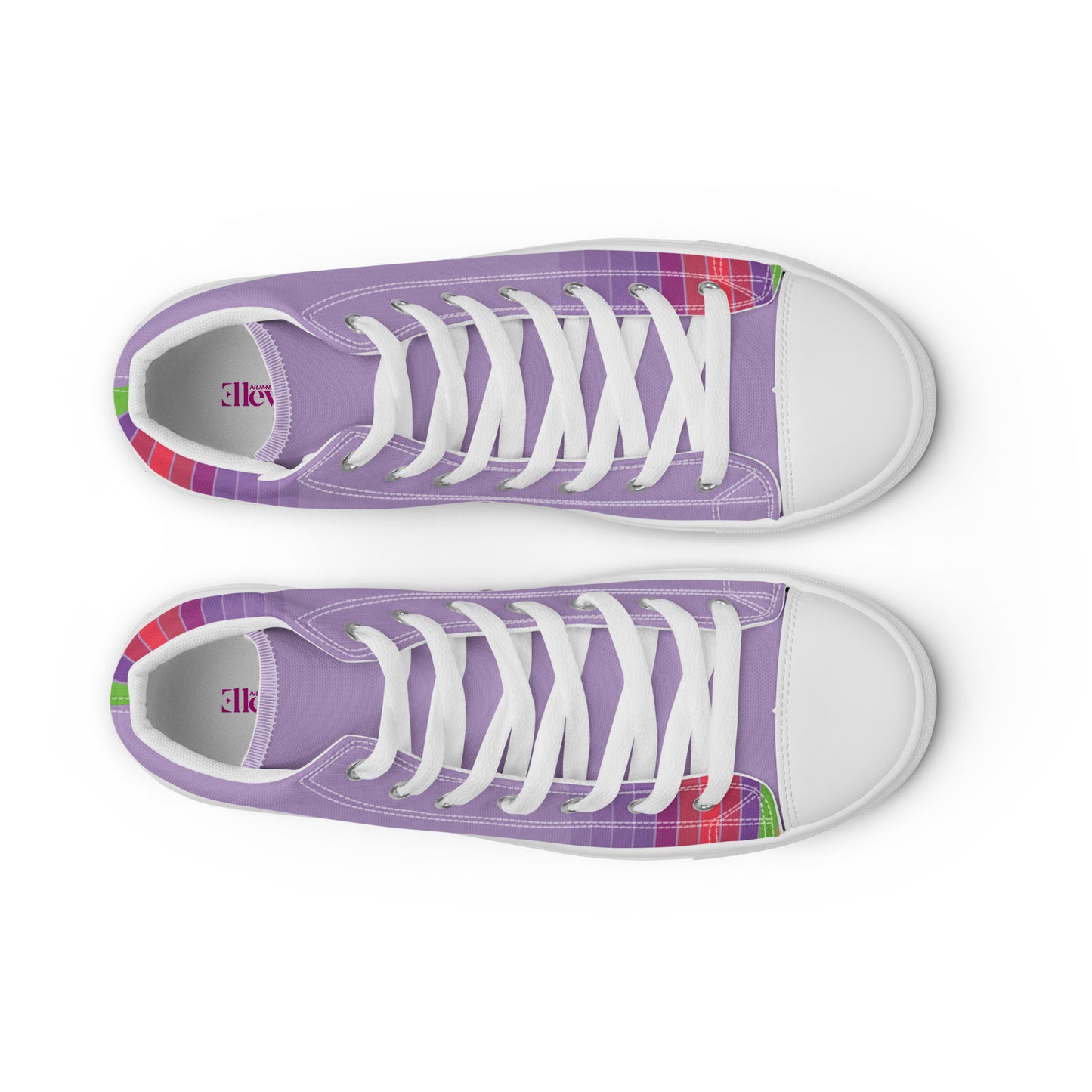 close-up of lavender women’s high-top canvas sneakers with multicolor stripe graphic and white rubber toe cap