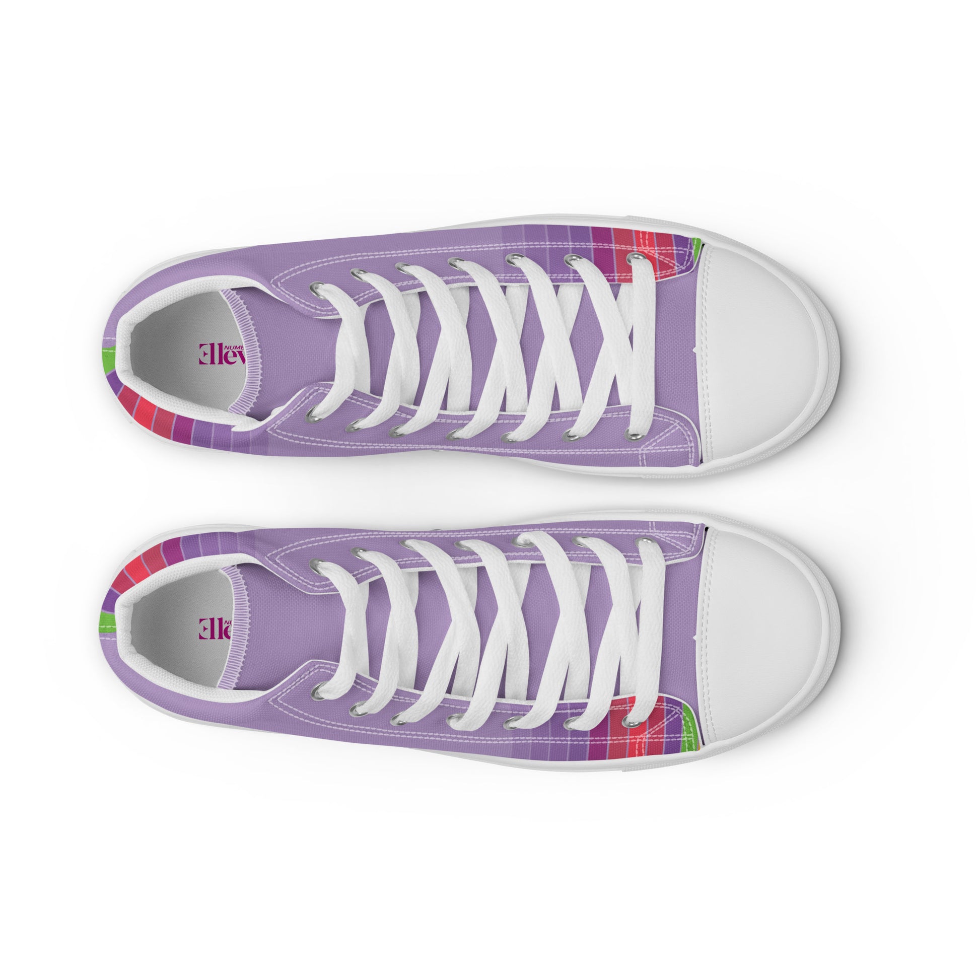 close-up of lavender women’s high-top canvas sneakers with multicolor stripe graphic and white rubber toe cap