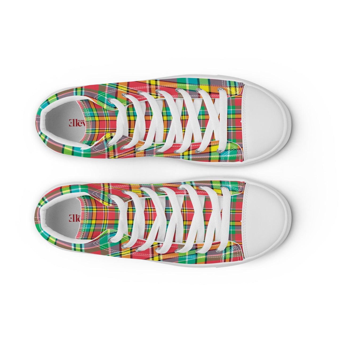 top view of women’s plaid high-top sneakers with white laces and colorful tartan-style design