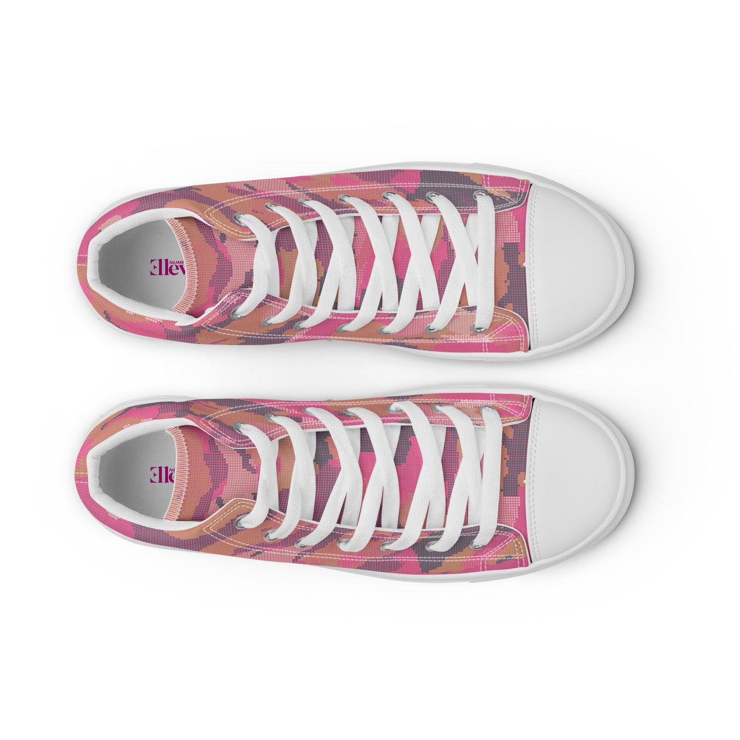 Women’s high-top sneakers in pink digital camouflage with white sole and white laces