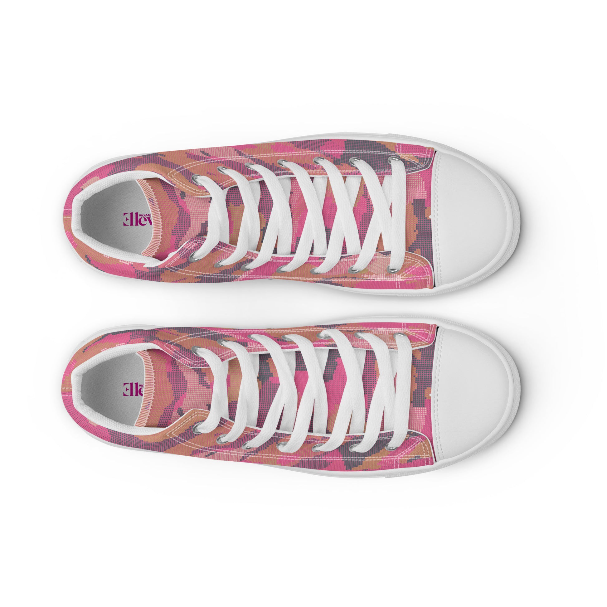 Women’s high-top sneakers in pink digital camouflage with white sole and white laces