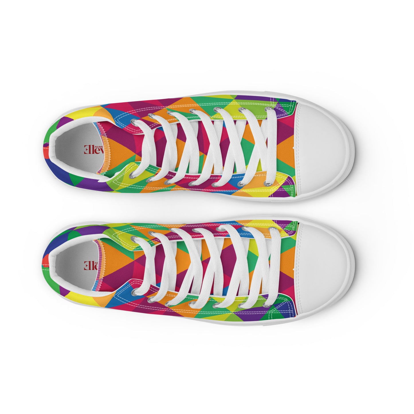 Top view of women’s high-top canvas sneakers with white laces and bright geometric pattern in pink yellow green blue and purple