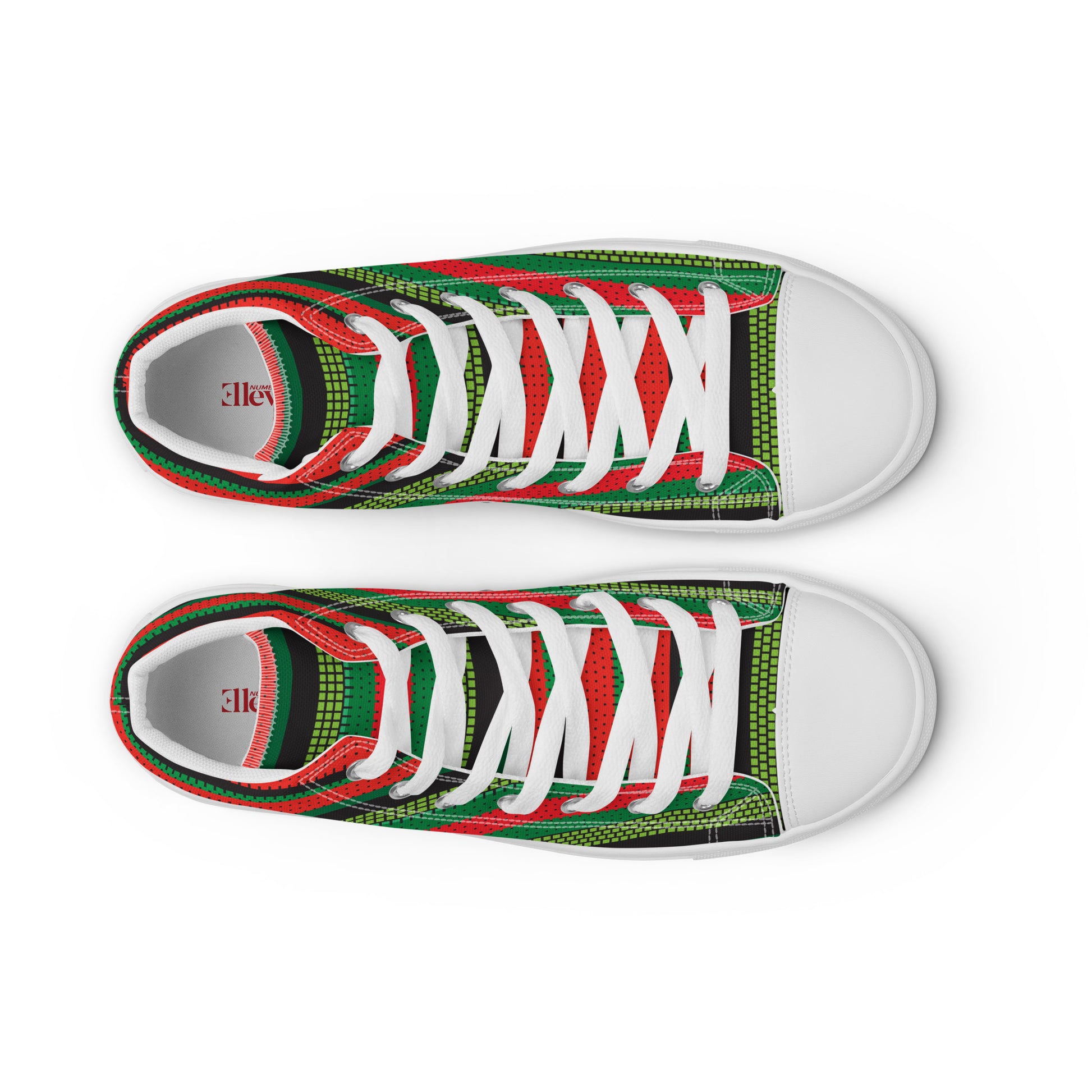 Top view of women’s high-top canvas sneakers featuring red green black stripe layout with white toe caps and white laces