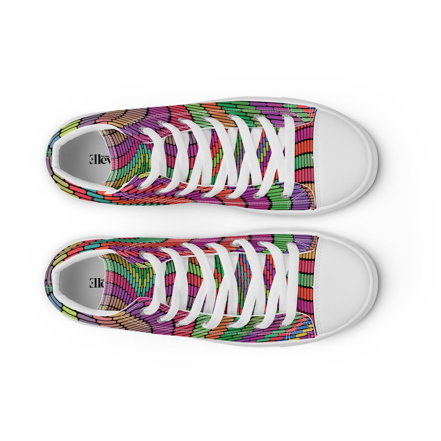 Top view of women’s high-top canvas sneakers with white laces and multicolor geometric code pattern