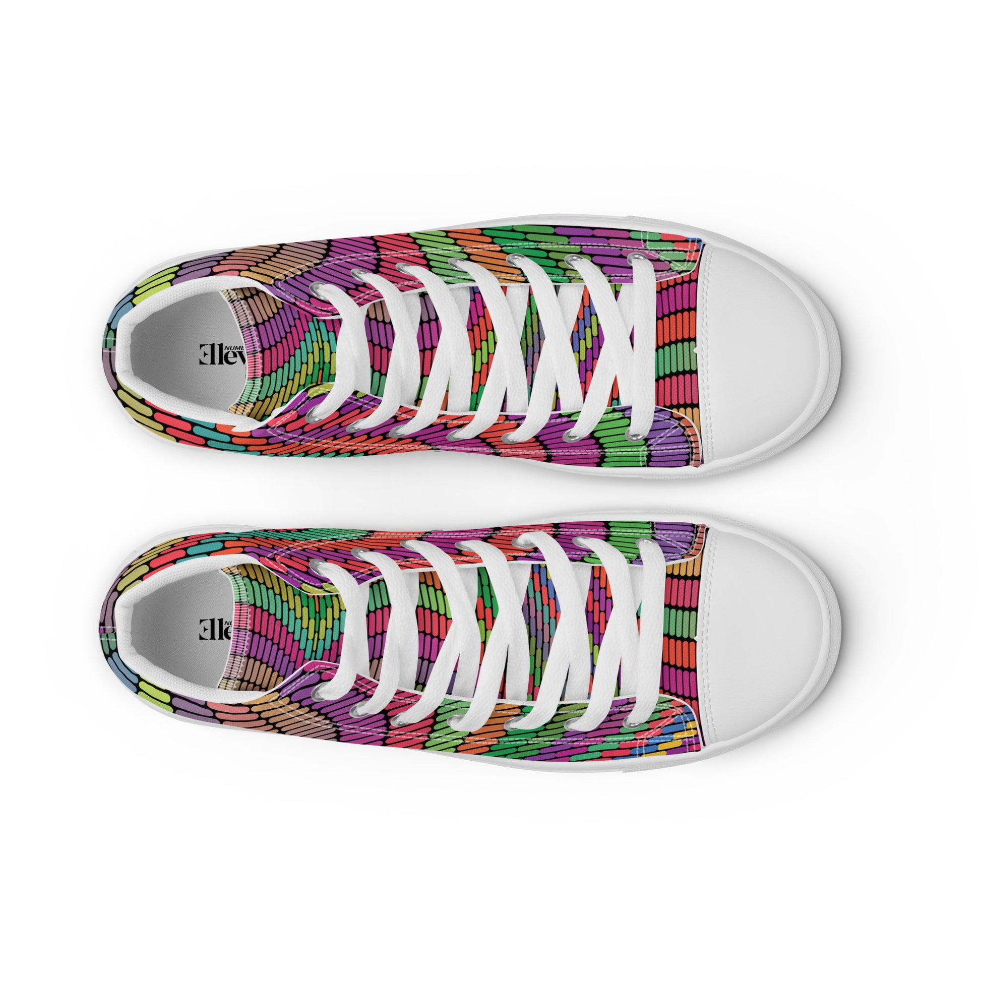 Top view of women’s high-top canvas sneakers with white laces and multicolor geometric code pattern