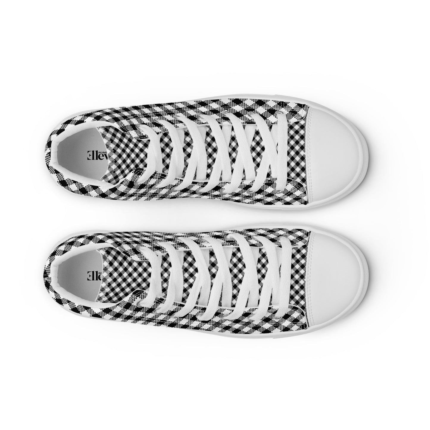 Top view of women’s high-top sneakers with white laces and dense black-and-white geometric check pattern