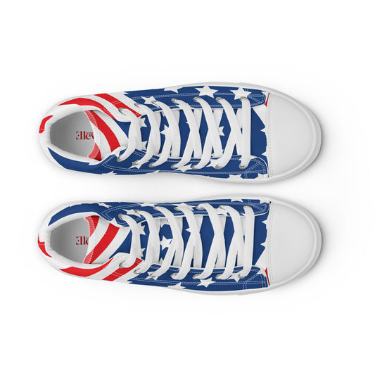 Top view of American stars and stripes women's high-top sneakers with blue star pattern white laces and white sole