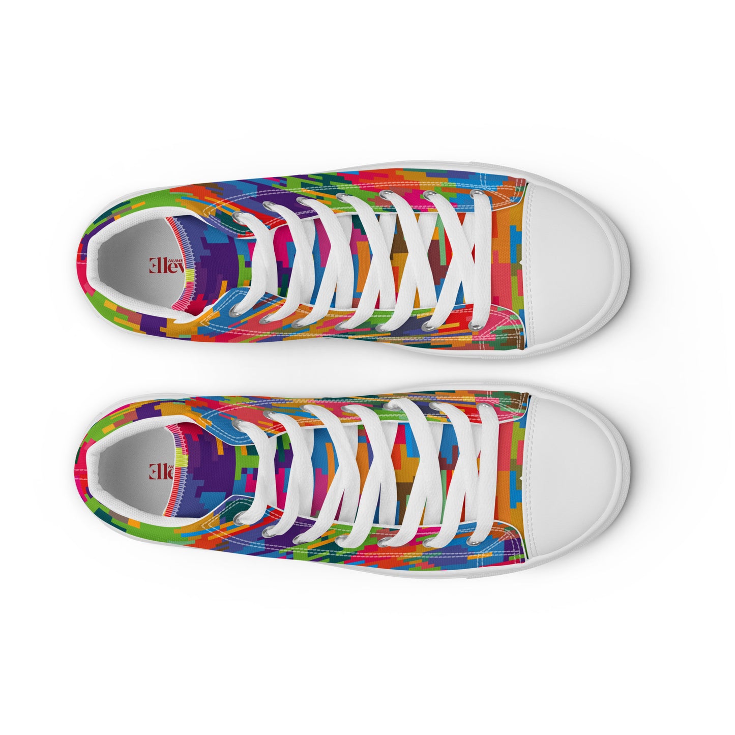 Top view of women's colorful geometric pixel-pattern high-top sneakers with white laces and white toe caps