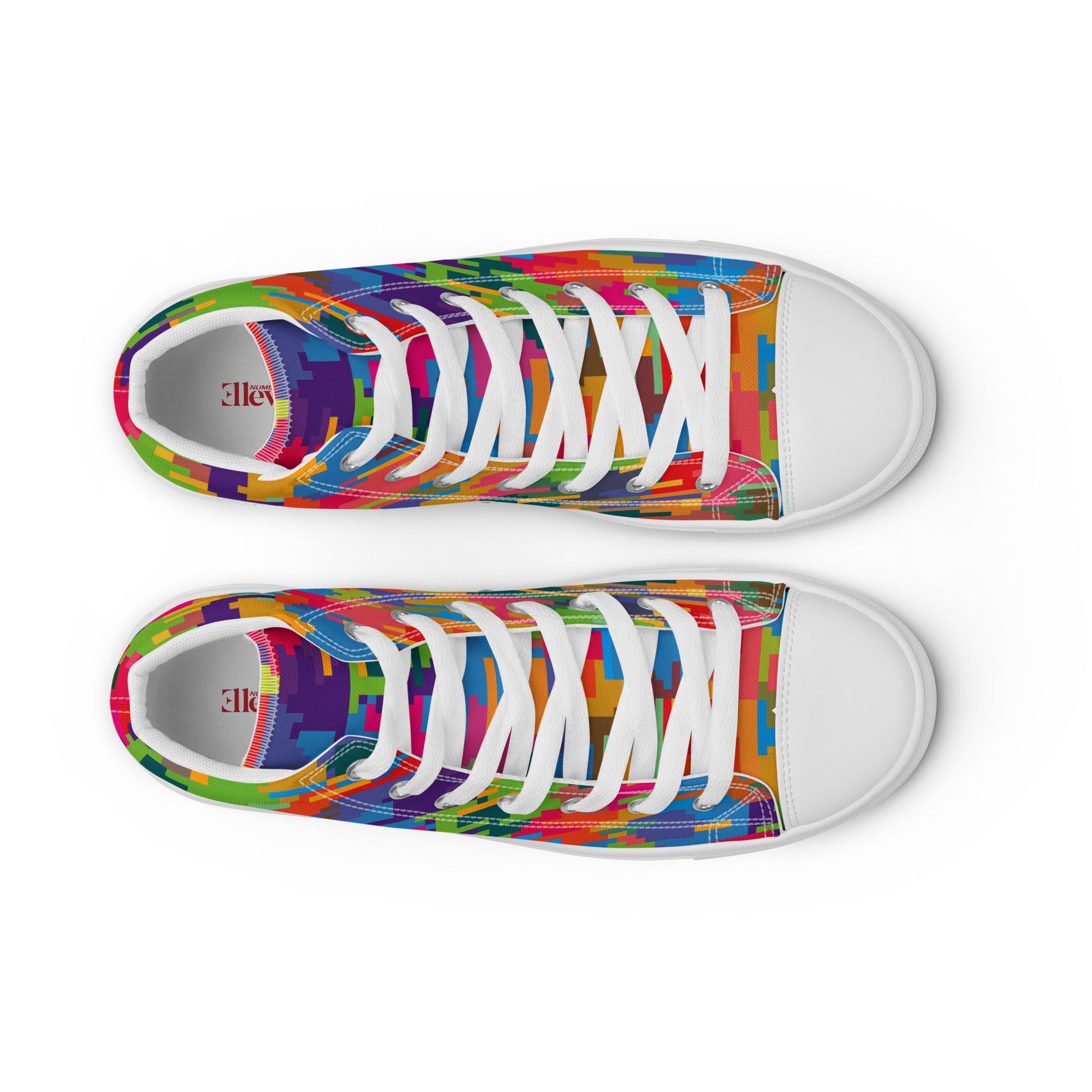 Top view of women's colorful geometric pixel-pattern high-top sneakers with white laces and white toe caps