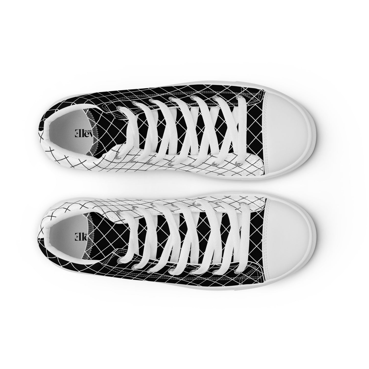 Top view of women's black and white grid-pattern high-top sneakers with white laces and white toe caps