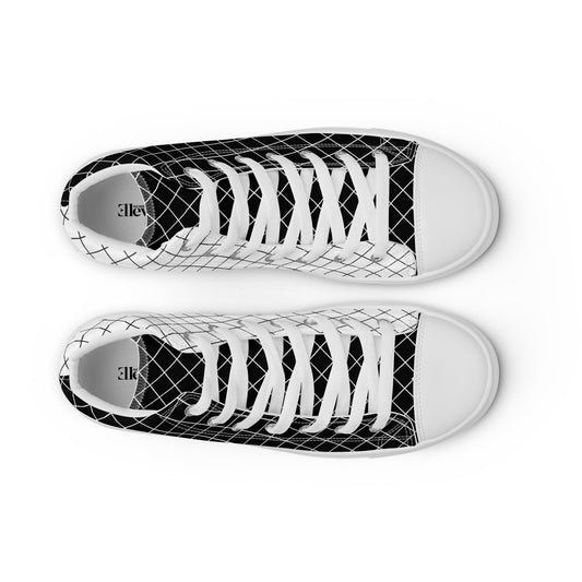 Top view of women's black and white grid-pattern high-top sneakers with white laces and white toe caps