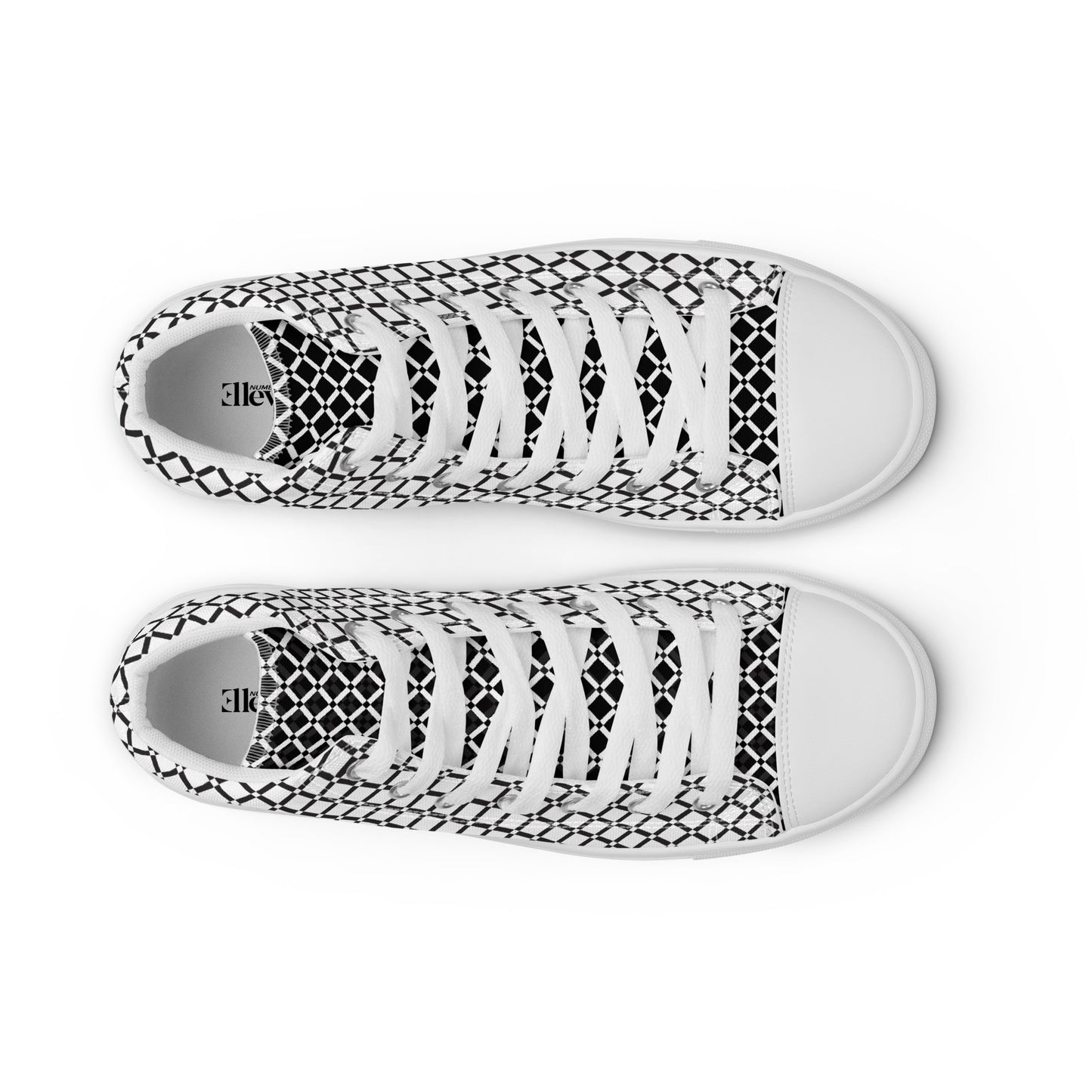 Top view of women's black and white micro grid high-top sneakers with white laces and white toe caps