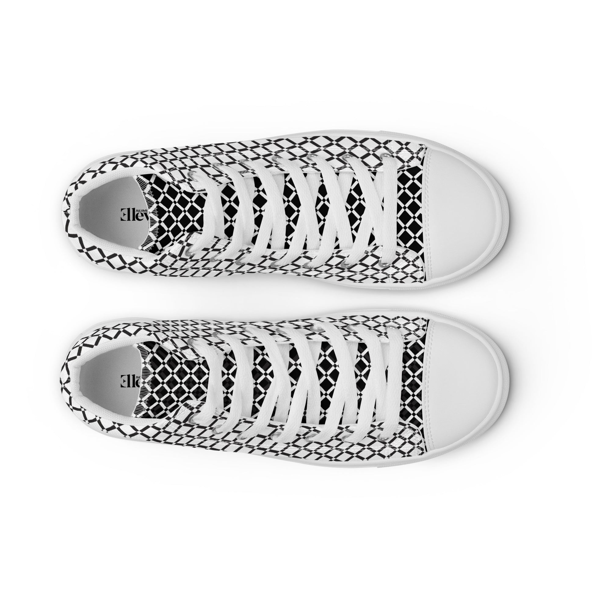 Top view of women's black and white micro grid high-top sneakers with white laces and white toe caps