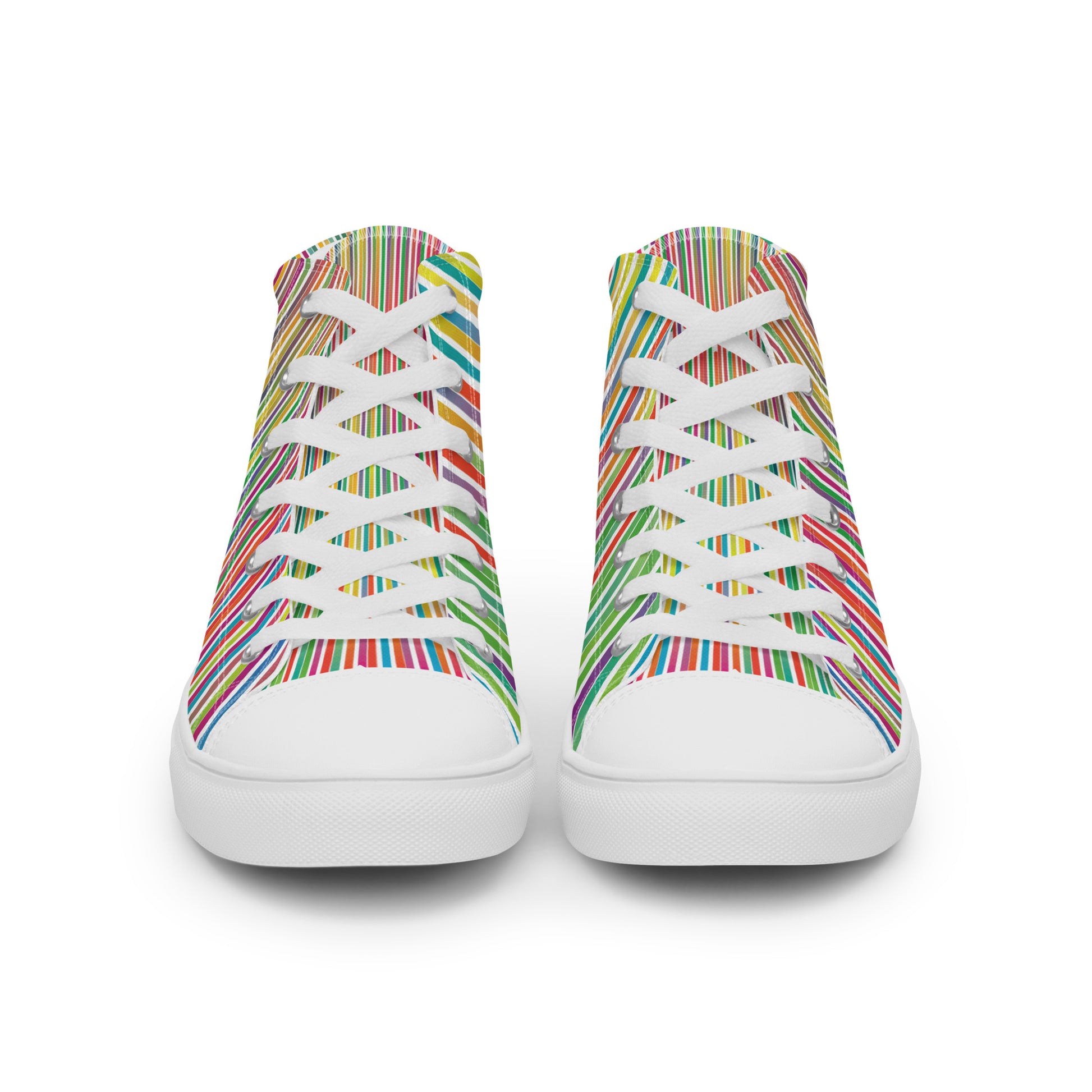 Front view of women’s high-top canvas sneakers with white laces and colorful narrow stripe pattern
