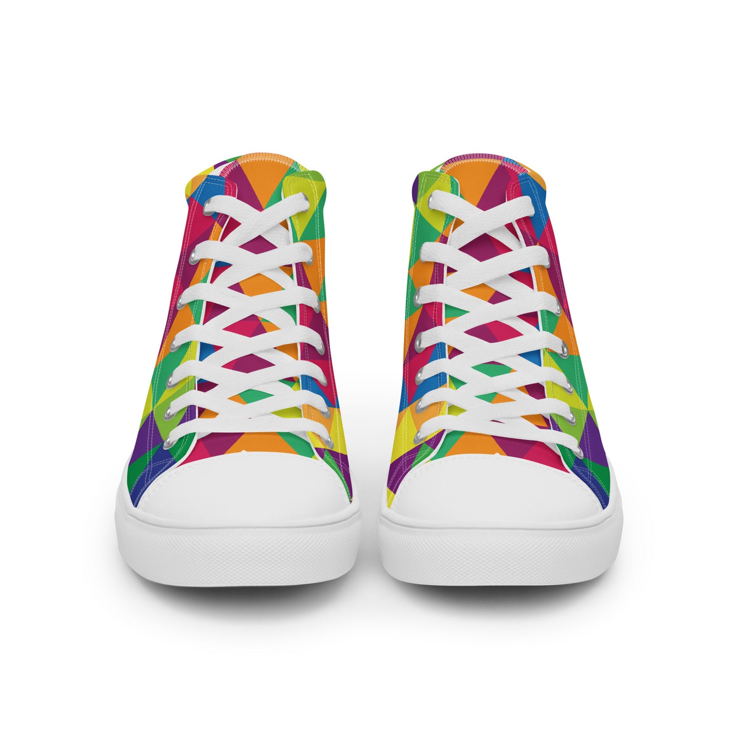 Front view of women’s high-top canvas sneakers with white laces and colorful geometric triangle pattern