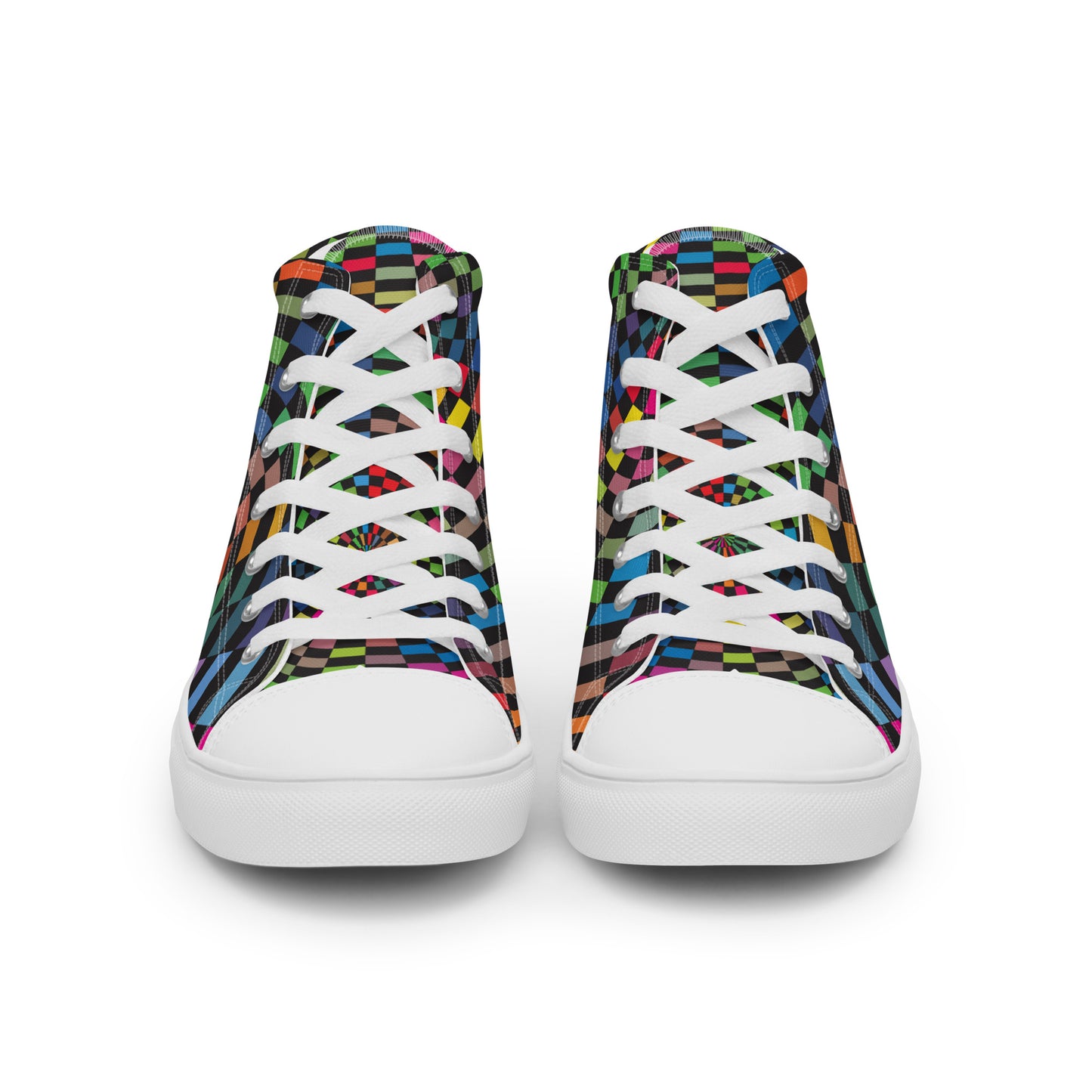 Front view of women’s athletic shoes with vivid rainbow tile design and white laces