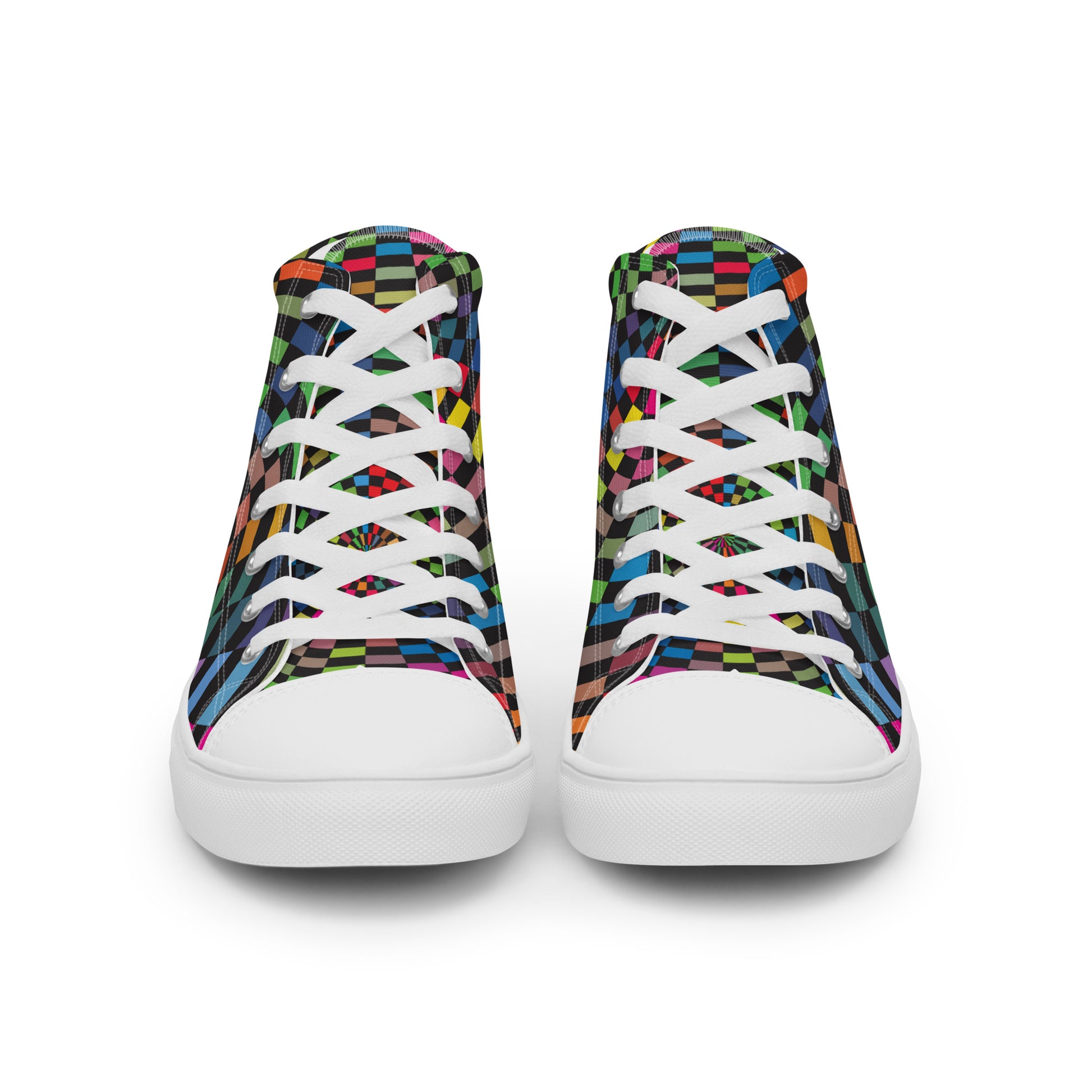Front view of women’s athletic shoes with vivid rainbow tile design and white laces