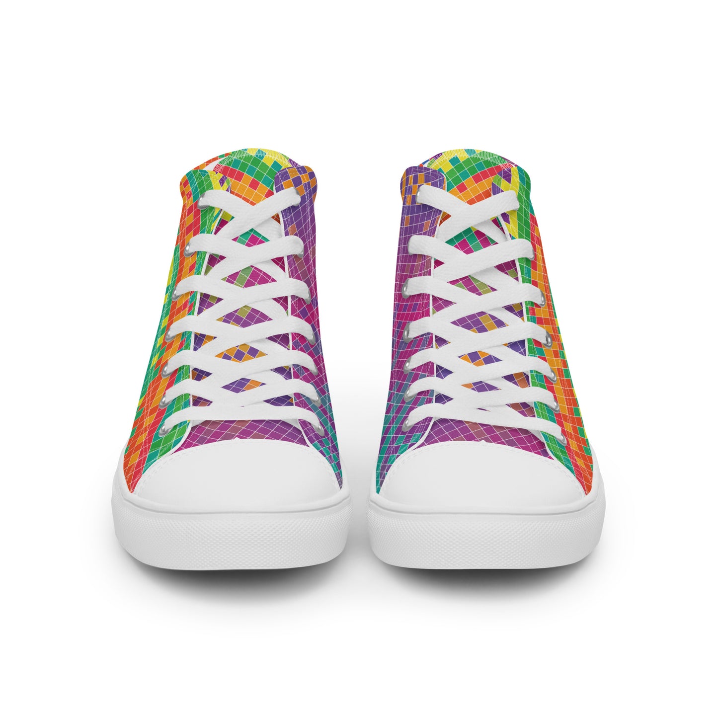 Front view of women’s high-top sneakers with vivid geometric grid pattern, white laces, and white sole