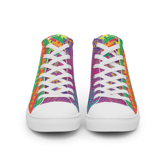 Front view of women’s high-top sneakers with vivid geometric grid pattern, white laces, and white sole