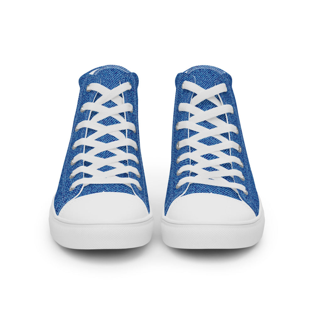 Front view of women’s high-top sneakers with blue denim texture, white laces, white toe cap, and white sole