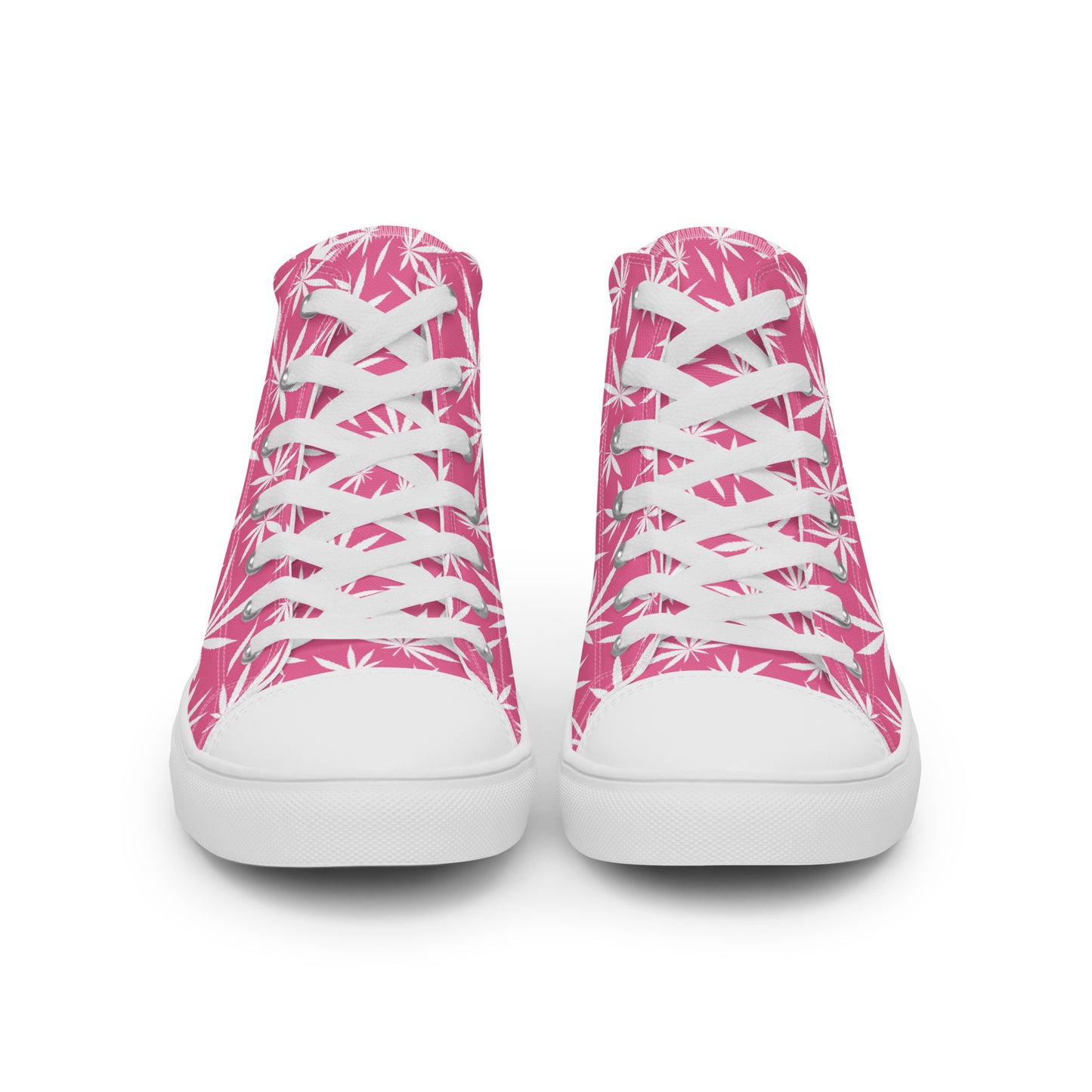 Front view of women's pink marijuana leaf high-top sneakers with white laces