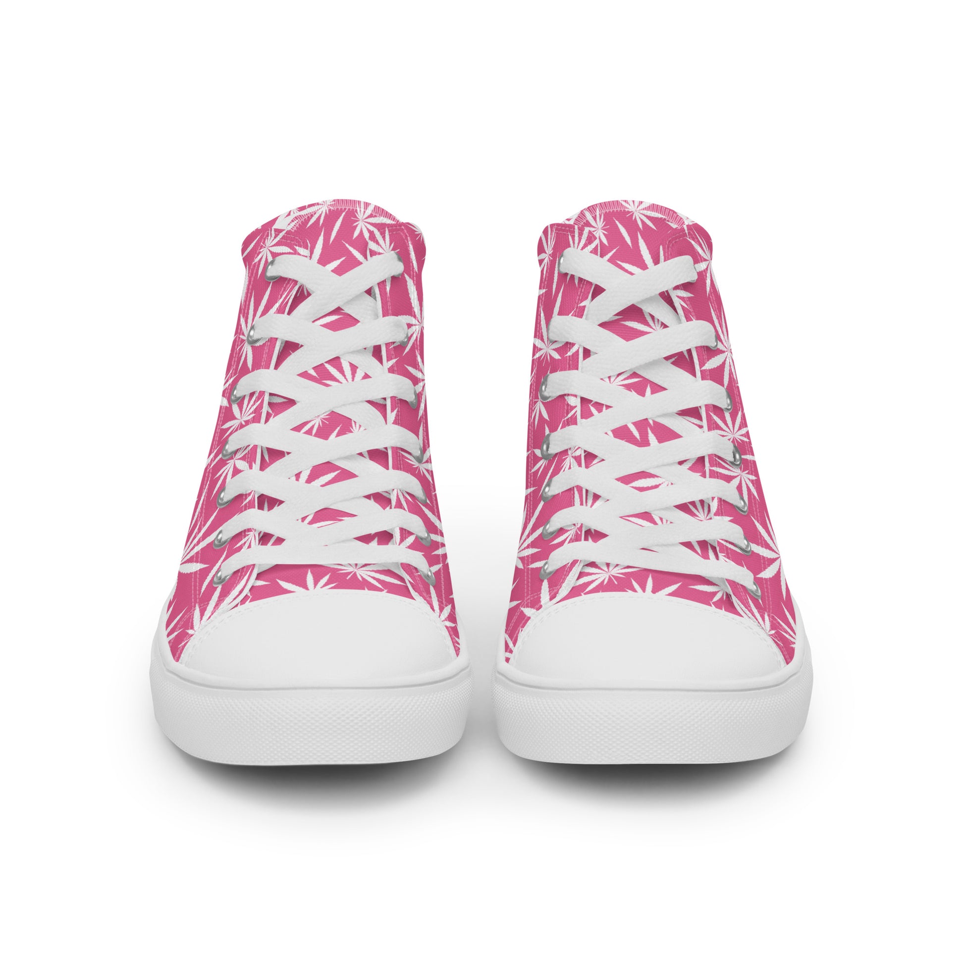 Front view of women's pink marijuana leaf high-top sneakers with white laces
