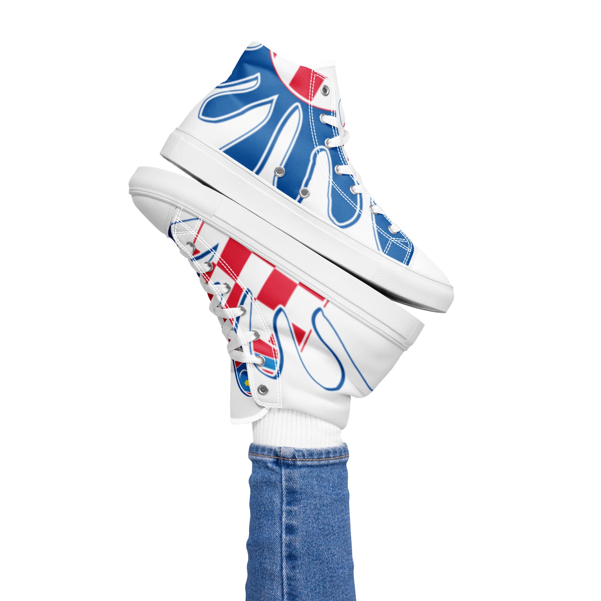 women’s Croatian high-top canvas shoes with stylized Croatian coat of arms and red-white checkered pattern – front view