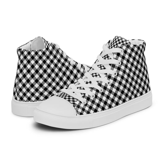 Women’s high-top canvas sneakers with white sole and black-and-white micro check pattern