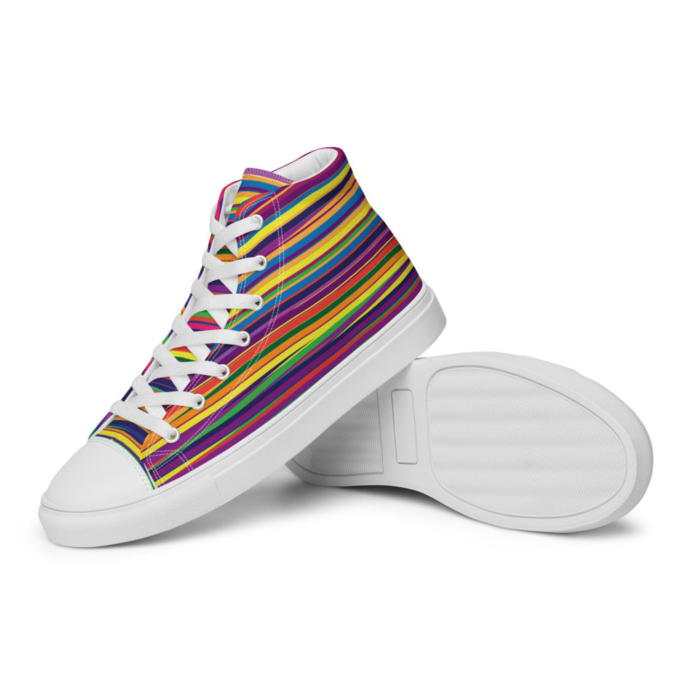 Side view of women’s high-top canvas sneakers with vivid horizontal stripe pattern and white sole