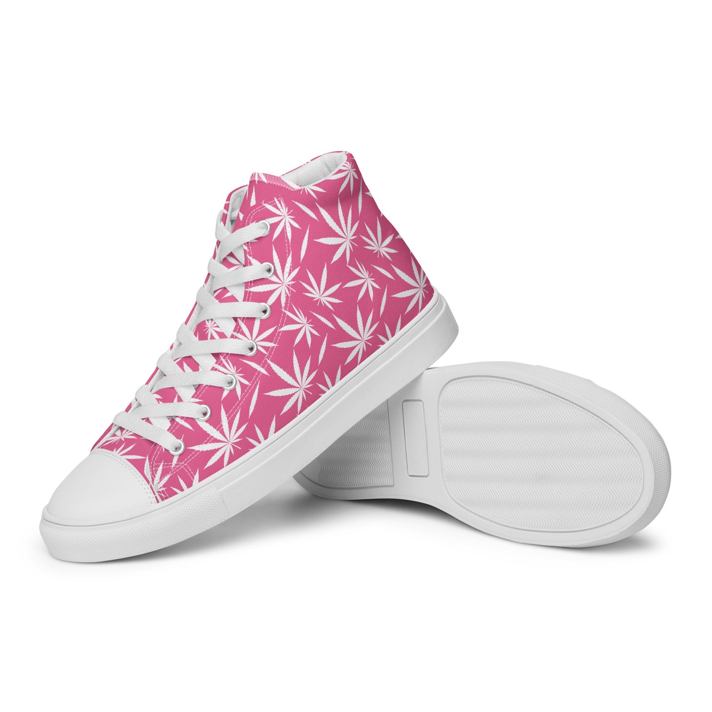 Women's pink high-top sneakers with white cannabis leaf pattern and white sole