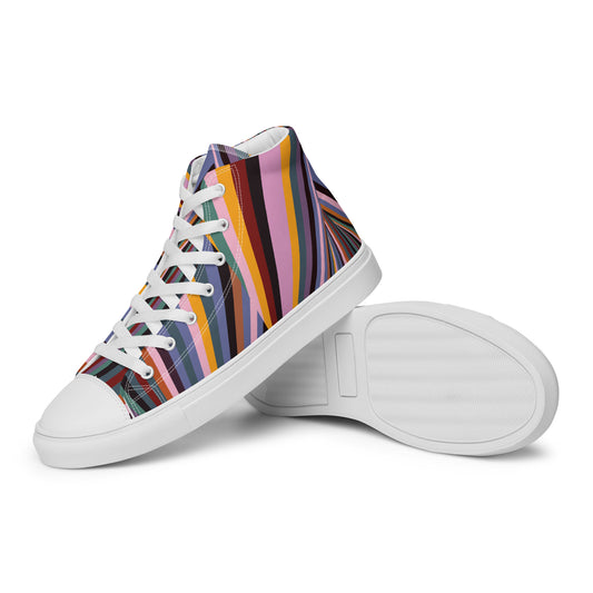 Dynamic Radiating Stripe women's high-top sneakers with white laces and toe caps, showing the colorful striped upper and sole tread.