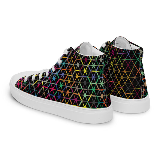 Women’s high-top canvas sneakers with black base, neon geometric star grid pattern, white laces, and white sole side view
