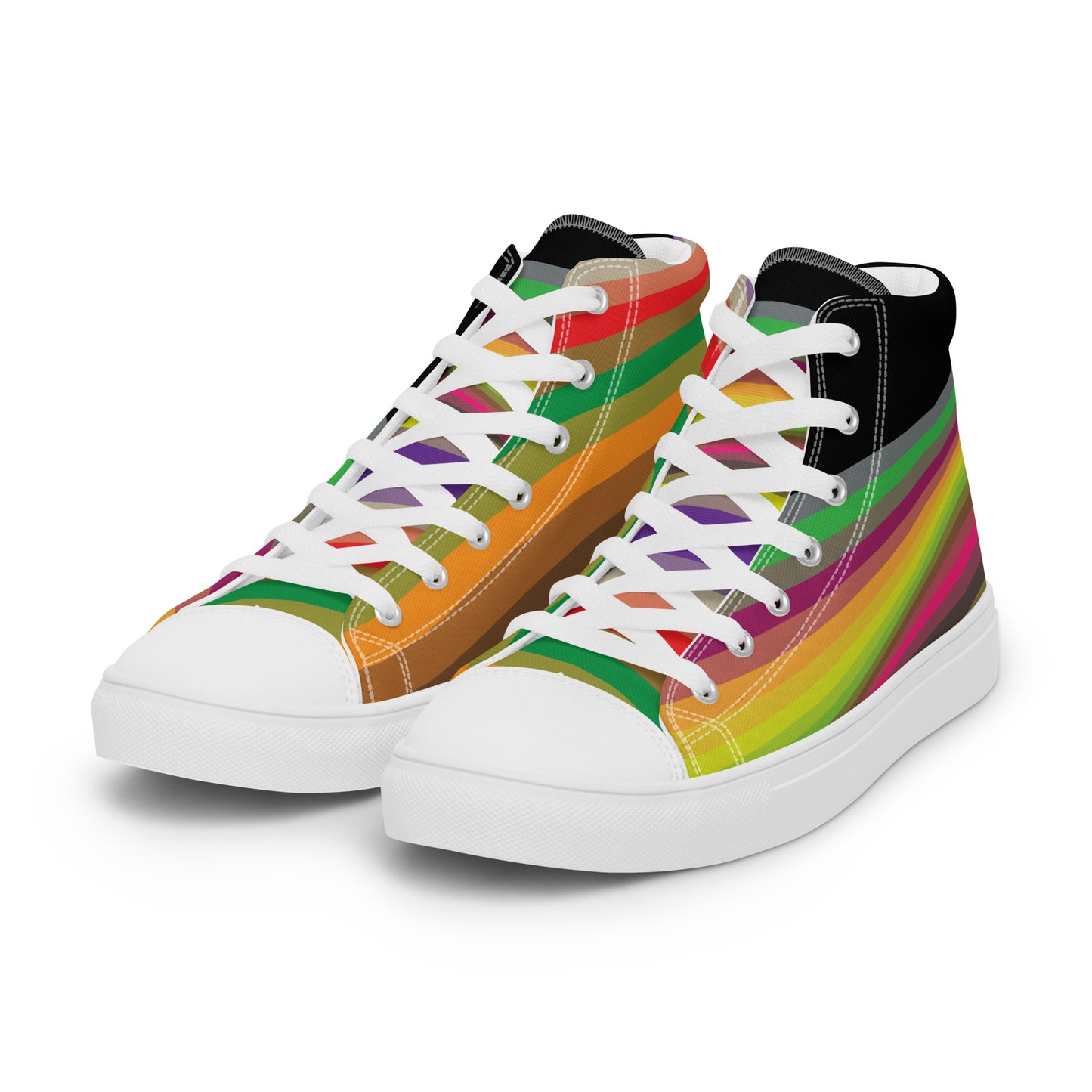 women’s high-top canvas sneakers with black upper and multicolor wave stripe design, white sole pair angled front view
