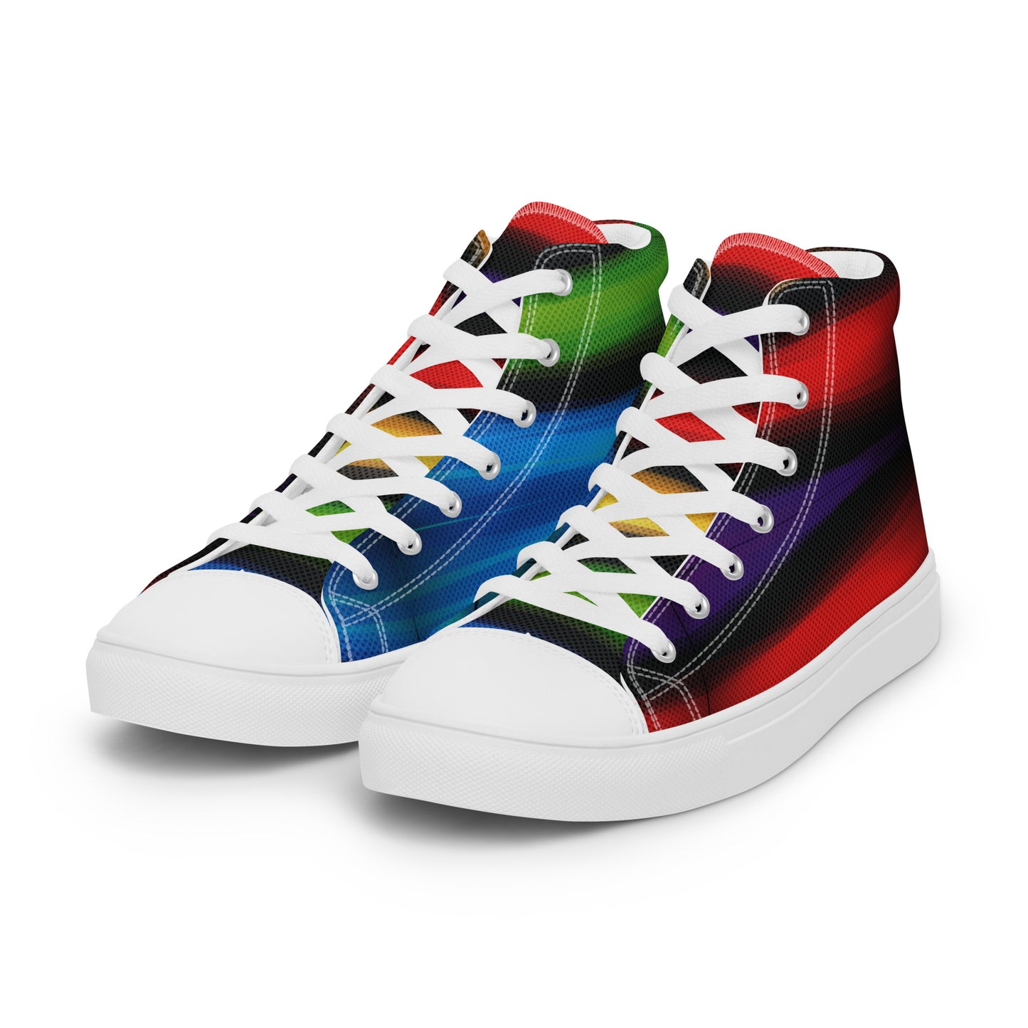 close-up of women’s black high-top canvas sneakers with blue green red prism design