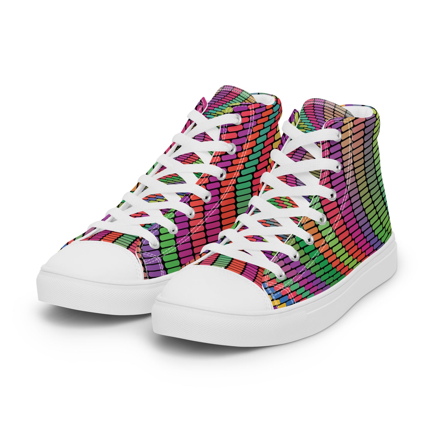 Women’s high-top canvas sneakers with white sole featuring vivid rounded geometric mosaic design
