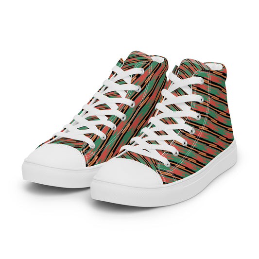 Women’s high-top canvas sneakers with coral, teal, tan, and black abstract stripe design, white laces, and white sole