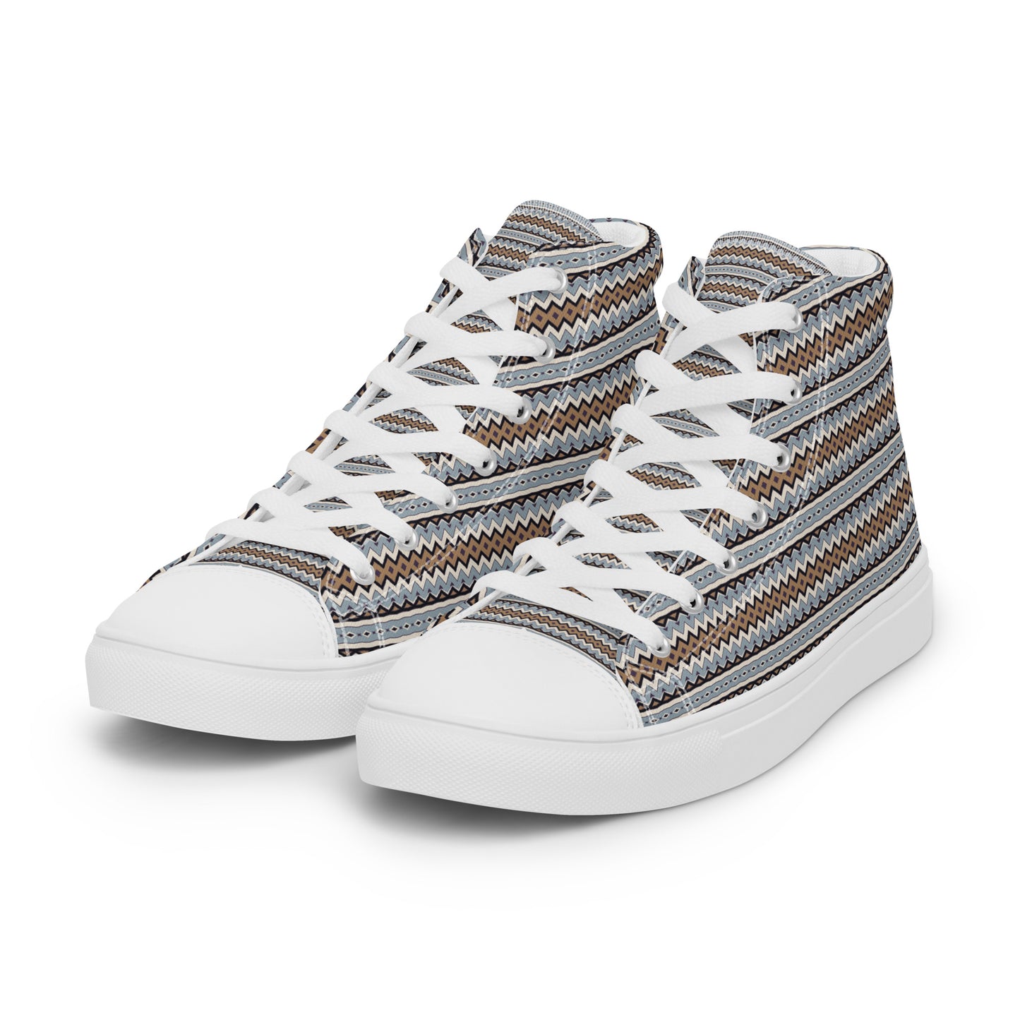 Women’s high-top canvas sneakers with muted zigzag chevron pattern, white laces, and white sole, angled front view